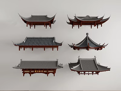 Traditional Ancient Chinese Architecture Roof Models with Overhanging Eaves and Tiles 3d model