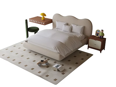 Cute Kids Bed With Soft Upholstered Headboard Nightstand Play Rug And Toys 3d model