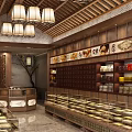 Traditional Chinese Specialty Store Interior With Wooden Decor Display Cabinets And Hanging Lamps
