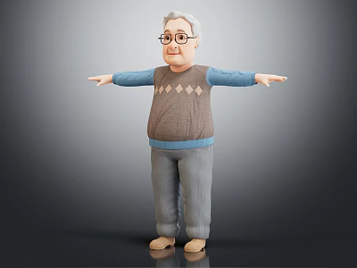 Elderly Man 3D Character Model With Glasses Sweater Vest And Outstretched Arms 3d model