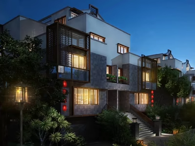 Modern Townhouse Evening Exterior With Lit Windows Greenery And Staircase 3d model