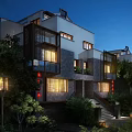 Modern Townhouse Evening Exterior With Lit Windows Greenery And Staircase