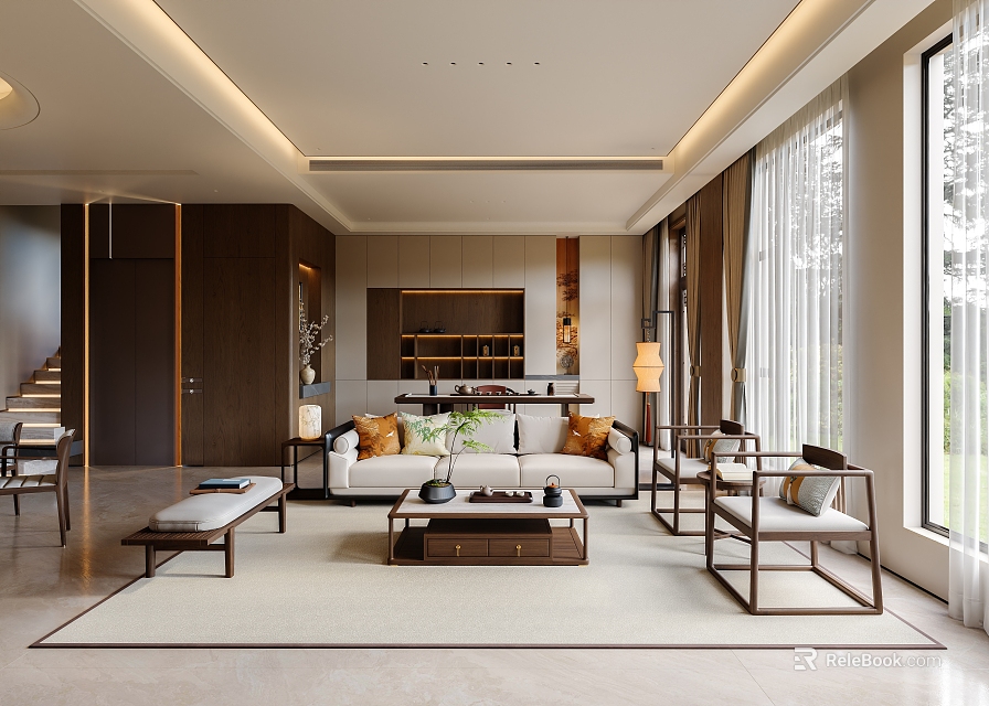 Elegant Living Dining Room Interior With Wooden Sofa Coffee Table And Floor to Ceiling Windows 3d model 