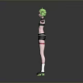 Anime Style Game Movie Character With Green Twin Ponytails Black Bikini Top And Arms Outstretched