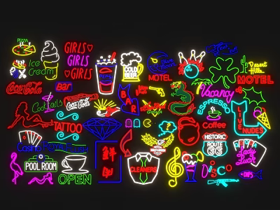 Vibrant Decorative Neon Lights with Various Signs and Patterns for Bar Hotel Settings 3d model