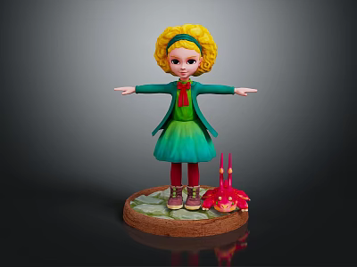 Curly Yellow Hair Girl In Green Coat And Dress With Small Red Spiked Tentacled Creature 3d model