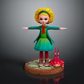 Curly Yellow Hair Girl In Green Coat And Dress With Small Red Spiked Tentacled Creature
