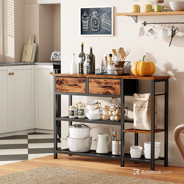 Kitchen Storage Cart with Wooden Top Metal Frame Holding Bottles Spices Pots and Pumpkin 3d model 