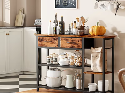 Kitchen Storage Cart with Wooden Top Metal Frame Holding Bottles Spices Pots and Pumpkin 3d model