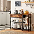 Kitchen Storage Cart with Wooden Top Metal Frame Holding Bottles Spices Pots and Pumpkin
