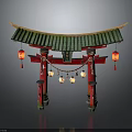 Traditional Japanese Torii Gate With Green Roof Red Pillars And Hanging Lanterns