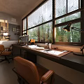 Bright Co working Space Featuring Brown Leather Sofa Office Chair Projector Screen And Ceiling Fan