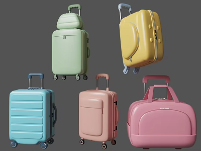 Colorful Travel Suitcases With Wheels In Various Styles And Pastel Colors 3d model