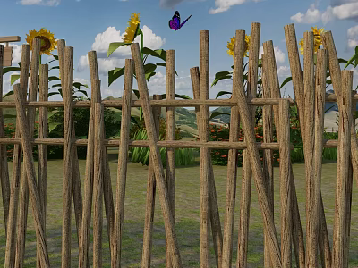 Natural Wooden Fence With Sunflowers And Butterfly Under Blue Sky Clouds 3d model