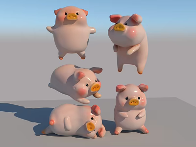 Cute Pink Pig Figurines In Various Adorable Poses For Decoration 3d model