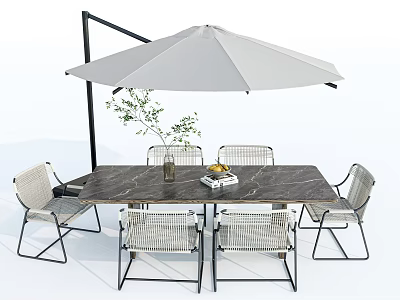 Outdoor Table And Chair Set With Marble Tabletop Wicker Seats Gray Parasol And Metal Frame 3d model