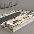 Buffet Table with Marble Countertop Various Foods Display in Open Layout and Stainless Steel Equipment