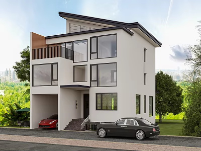 Modern Detached Villa With White Exterior Large Windows Balcony Garage And Green Surroundings 3d model