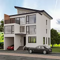 Modern Detached Villa With White Exterior Large Windows Balcony Garage And Green Surroundings