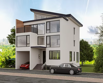 Modern Detached Villa With White Exterior Large Windows Balcony Garage And Green Surroundings 3d model