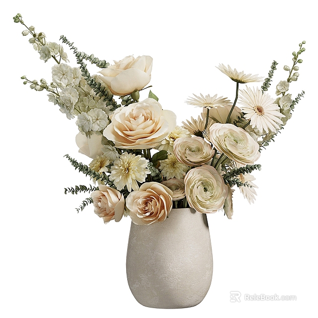 Elegant White Vase With Soft Pink Roses Cream Daisies And Green Foliage 3d model 