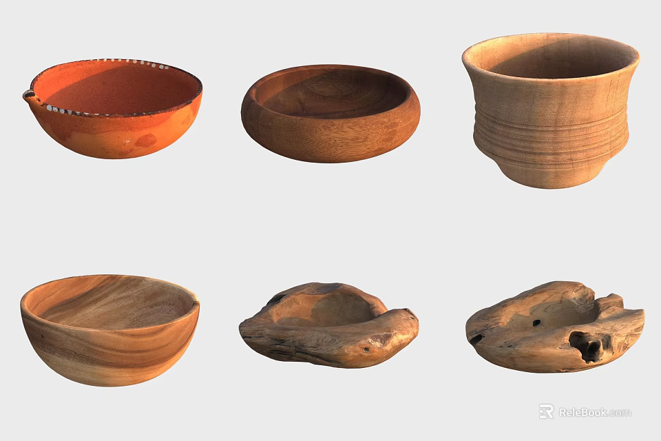 Artisanal Handcrafted Wooden Bowls And Cups With Various Natural Shapes 3d model 