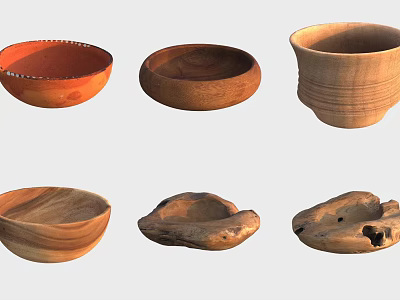 Artisanal Handcrafted Wooden Bowls And Cups With Various Natural Shapes 3d model