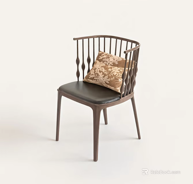 Stylish Leisure Chair With Slatted Backrest Leather Seat And Floral Cushion 3d model 