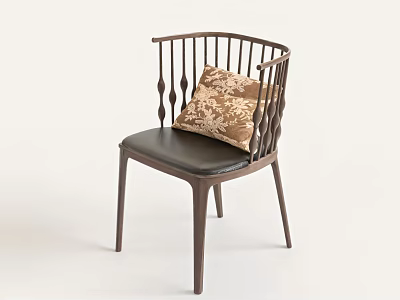 Stylish Leisure Chair With Slatted Backrest Leather Seat And Floral Cushion 3d model