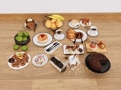 Assorted Delicious Foods Arranged On Wooden Table With Donuts Cookies Cake Fruits Coffee And Tea 3d model