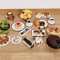 Assorted Delicious Foods Arranged On Wooden Table With Donuts Cookies Cake Fruits Coffee And Tea