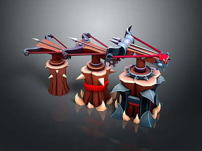 Three Ancient Mechanical Weapon Models With Wooden Base Spiked Decor And Colorful Details 3d model