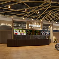 Spacious Hotel Lobby With Geometric Ceiling Design Wooden Flooring Reception Desk And Vintage Motorcycle