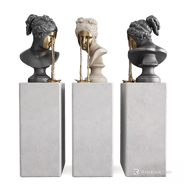 Modern Artistic Decorative Ornament Set With Bust Sculptures Gold Accents And Gray Pedestals 3d model 