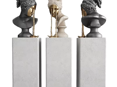 Modern Artistic Decorative Ornament Set With Bust Sculptures Gold Accents And Gray Pedestals 3d model