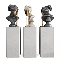 Modern Artistic Decorative Ornament Set With Bust Sculptures Gold Accents And Gray Pedestals