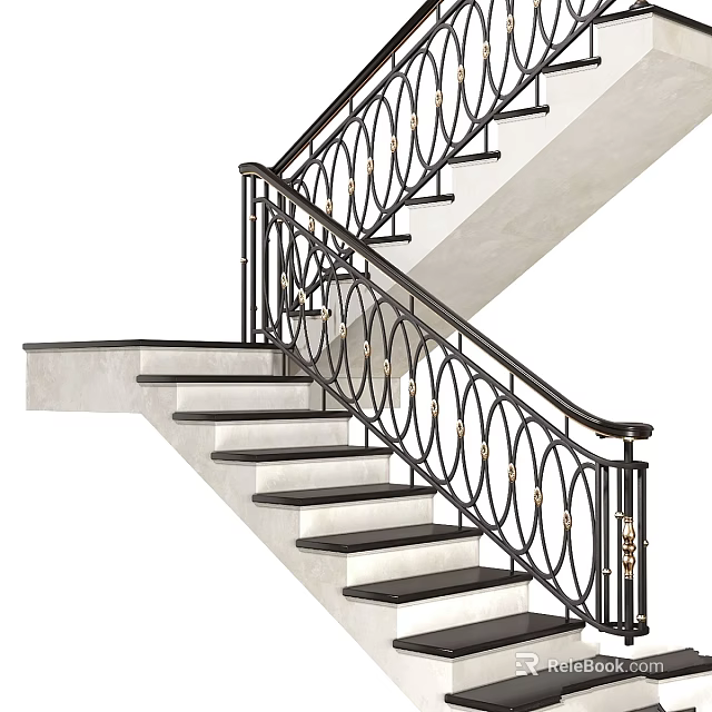 Modern Staircase With Wrought Iron Railings Circular Patterns Gold Accents And White Steps 3d model 
