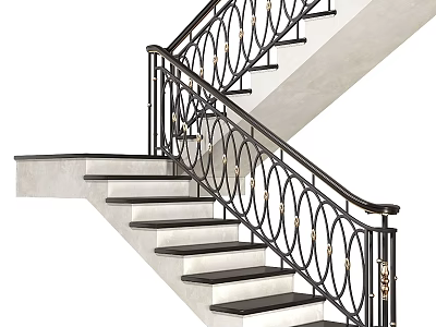 Modern Staircase With Wrought Iron Railings Circular Patterns Gold Accents And White Steps 3d model