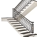 Modern Staircase With Wrought Iron Railings Circular Patterns Gold Accents And White Steps