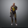 Bald Man Wearing Black Vest With Yellow Pattern Brown Pants Black Gloves Holding Gun Gesturing
