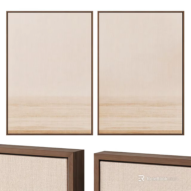 Two Abstract Paintings With Beige Gradient Design And Wooden Frames For Wall Decor 3d model