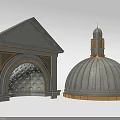 Gray Concrete Architectural Components Featuring Arch Structure And Golden Accents Dome 3d model