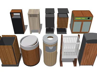 Public Facility Waste Bins Featuring Wooden Metal Covered Grid Designs And Thank You Sign 3d model