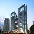 Elegant Modern High Rise Office Building Exterior With Glass Curtain Walls And Evening Lighting