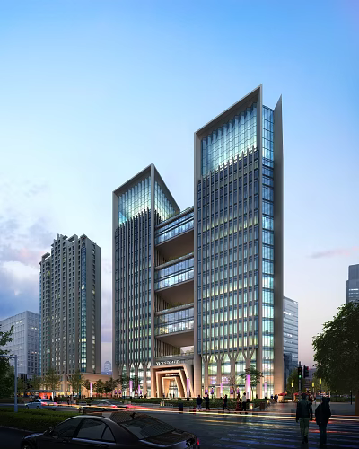 Elegant Modern High Rise Office Building Exterior With Glass Curtain Walls And Evening Lighting 3d model