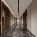 Elegant Hotel Corridor Featuring Marble Flooring Wooden Doors And Recessed Lighting