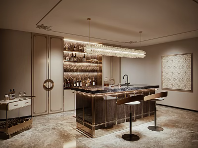 Modern Bar Area Interior With Marble Counter Wine Racks Pendant Lights And Bar Stools 3d model