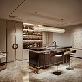 Modern Bar Area Interior With Marble Counter Wine Racks Pendant Lights And Bar Stools