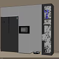 Modern White and Gray Sideboard with Built-in Microwave Open Shelves Books and Blue Decor