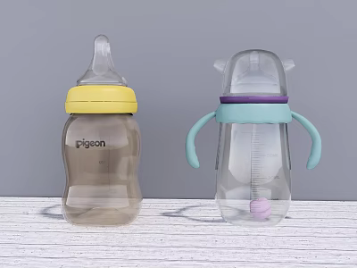 Pigeon Baby Bottles With Yellow Purple Lids Brown Transparent Bodies Blue Handles On Wooden Surface 3d model
